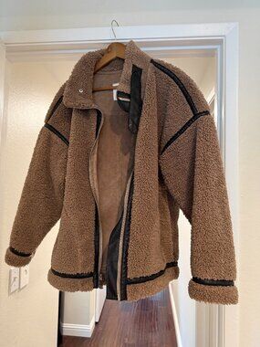 Abercrombie & Fitch Taupe Teddy Sherpa Jacket with Black Trim